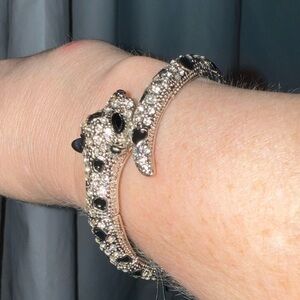 Dazzling Silver tone Natasha Panther multi hinged Bejeweled bracelet
